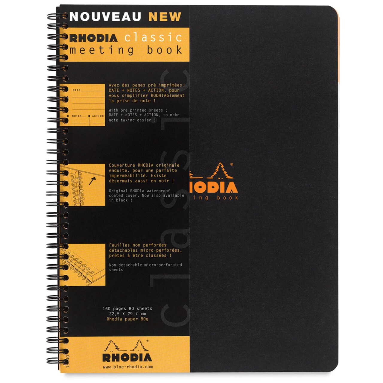 Rhodia Wirebound Meeting Notebook - Black, Lined, 11-3/4" x 9"